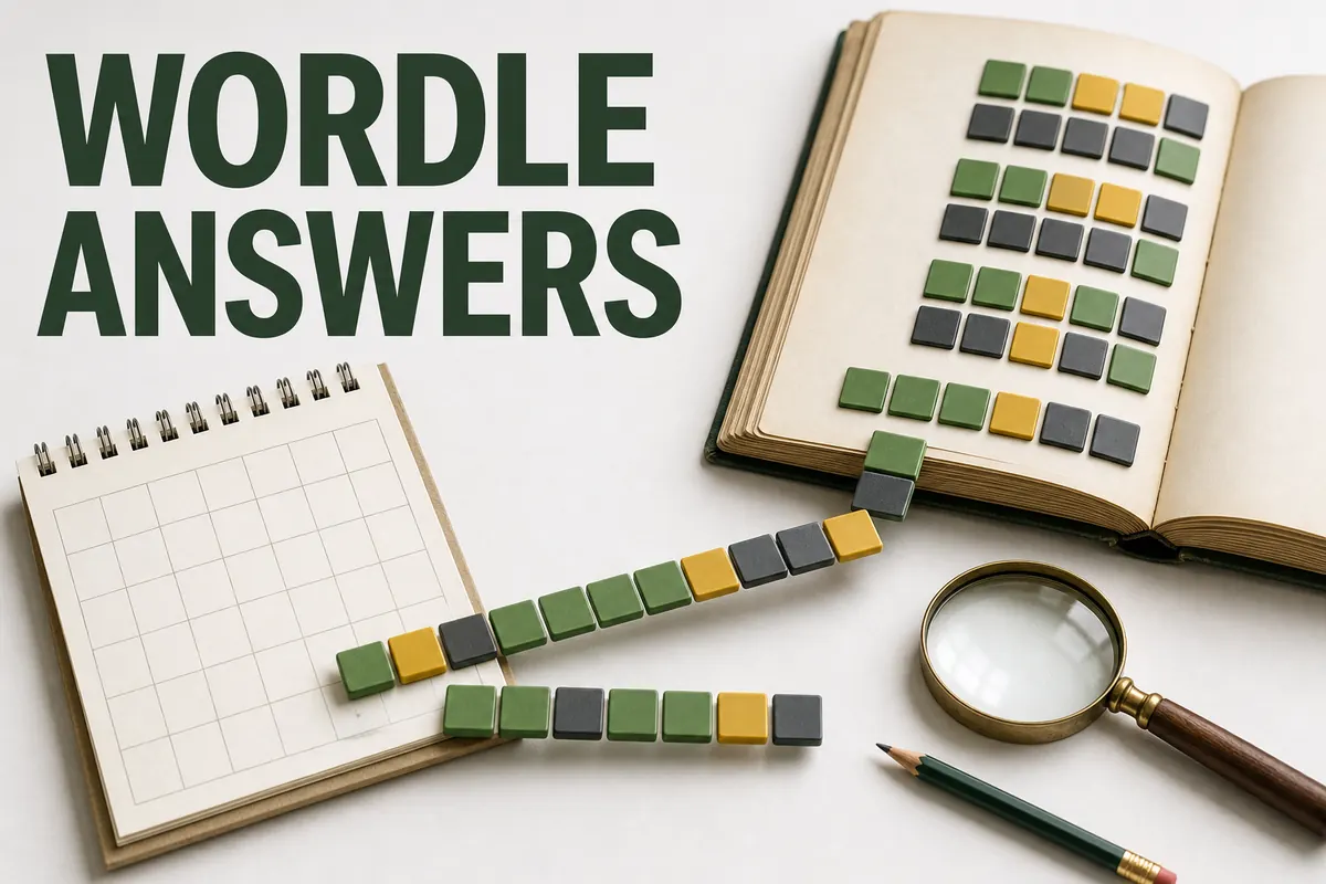 Editorial Wordle answer archive with a calendar, notebook, colored tiles, and magnifying glass