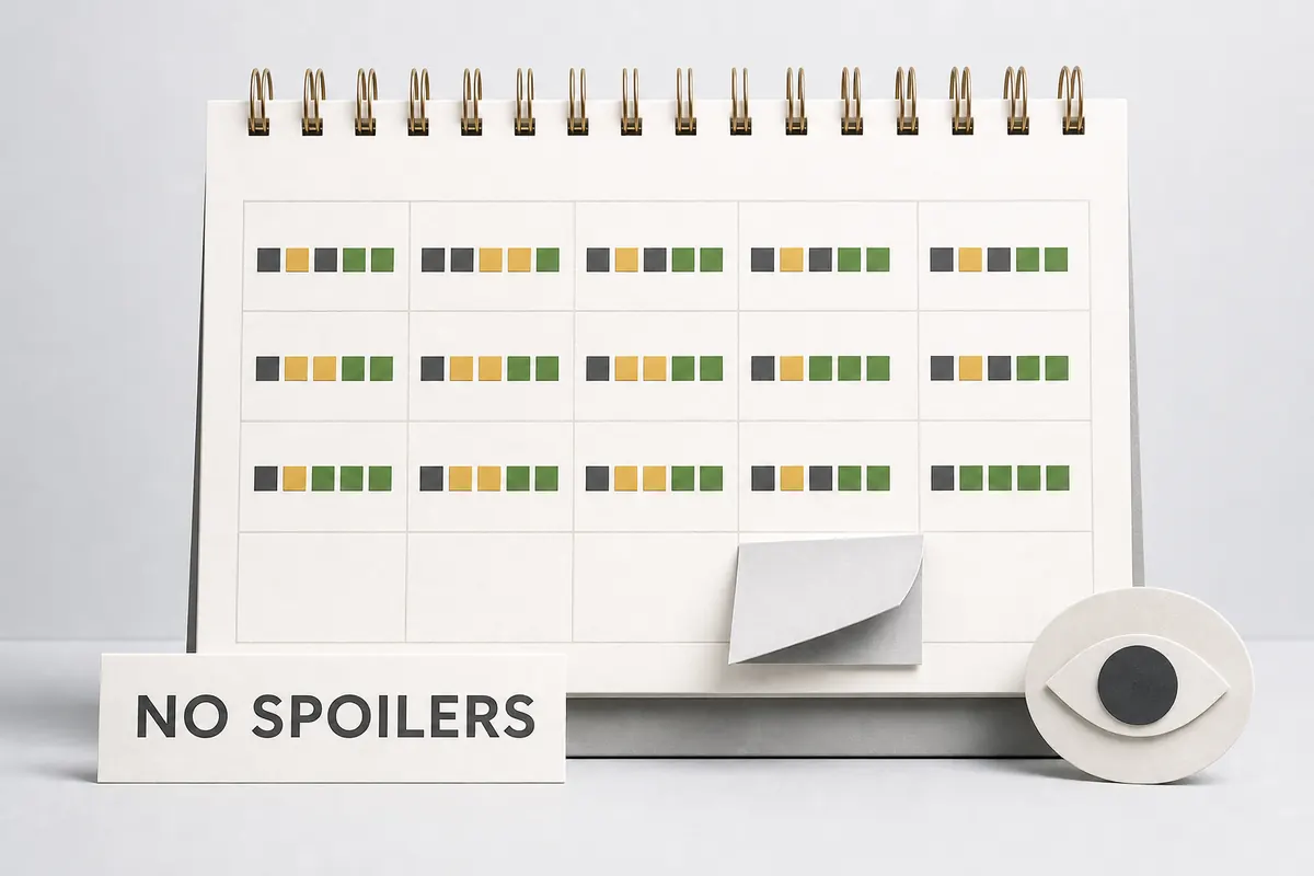 Editorial calendar showing past colored puzzle rows while the current date stays covered