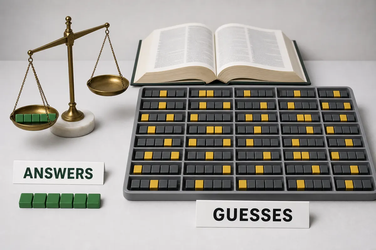Editorial comparison showing a small answer-word group beside a larger valid-guess collection