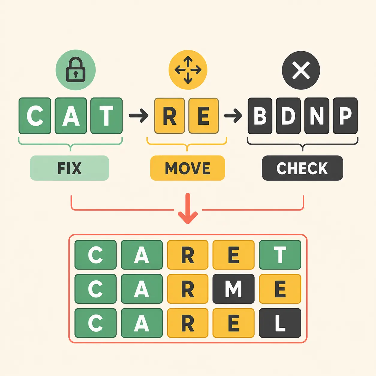 Editorial flow showing Wordle colors moving from board evidence to a better next guess