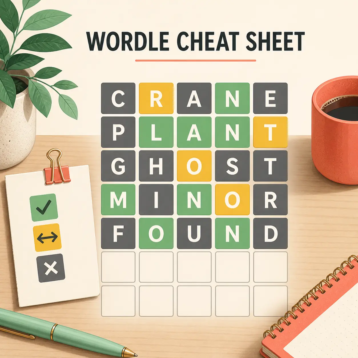 Wordle cheat sheet beside a colorful letter grid showing a spoiler-free clue workflow