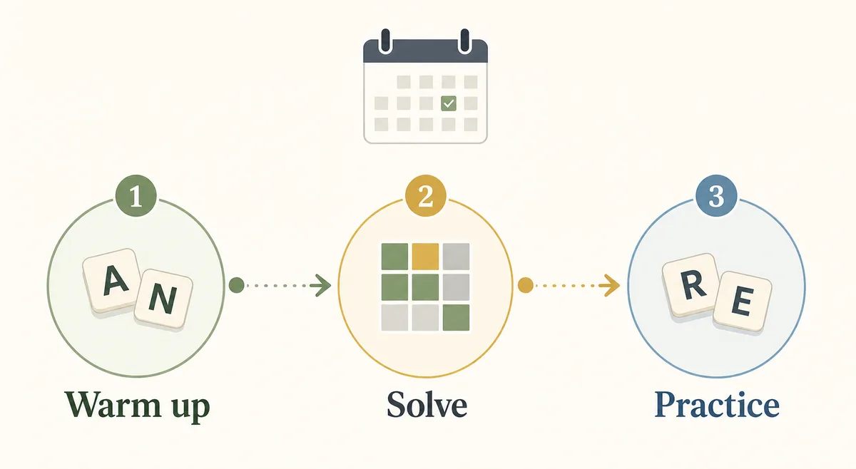 Editorial three-step routine for warming up, solving, and practicing word games