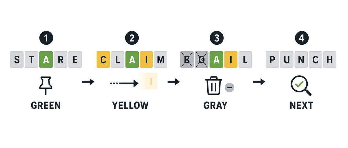 Four-step Wordle strategy diagram for green yellow gray clues and next guesses
