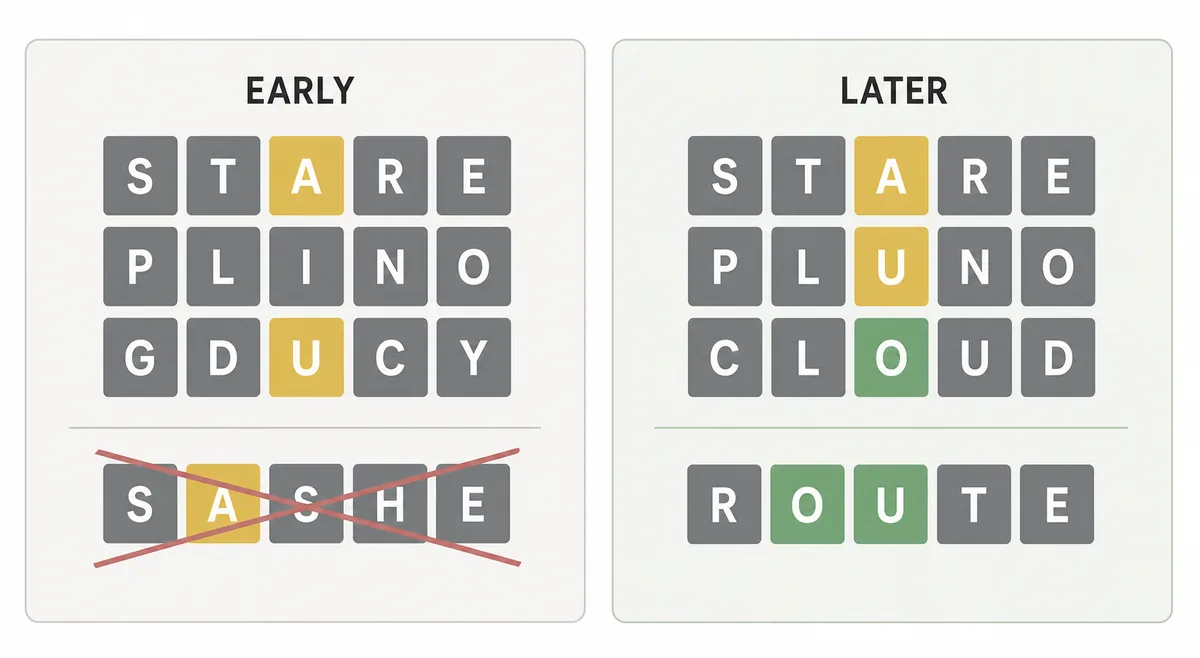 Comparison graphic showing early repeated-letter risk and later repeated-letter testing in Wordle strategy