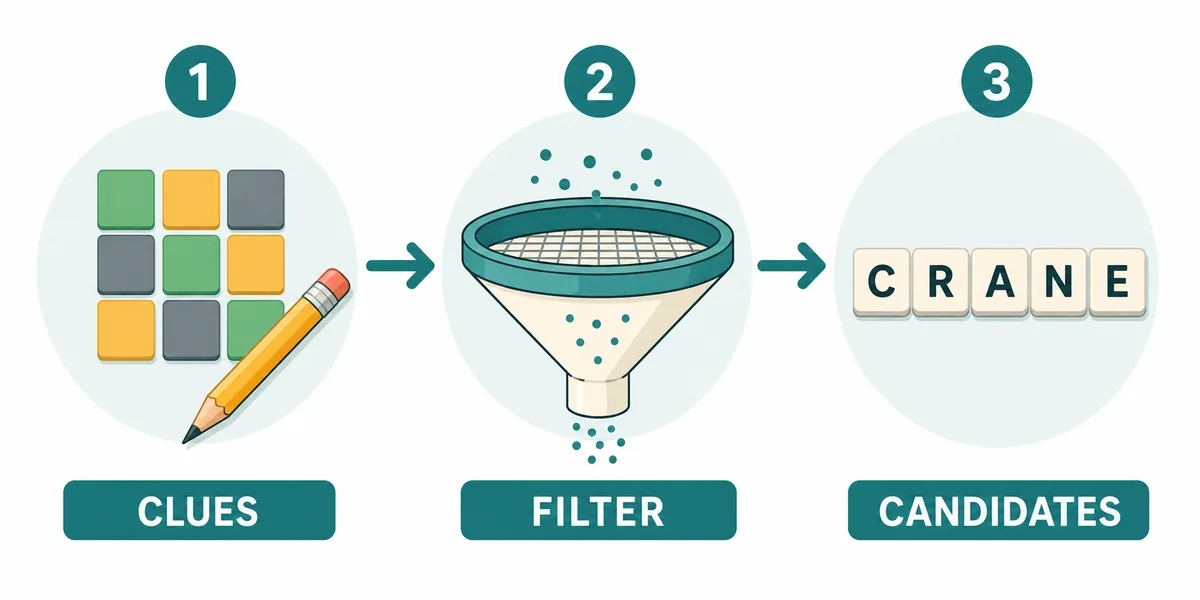 Editorial flow diagram showing Wordle clues becoming a filtered list of candidate words